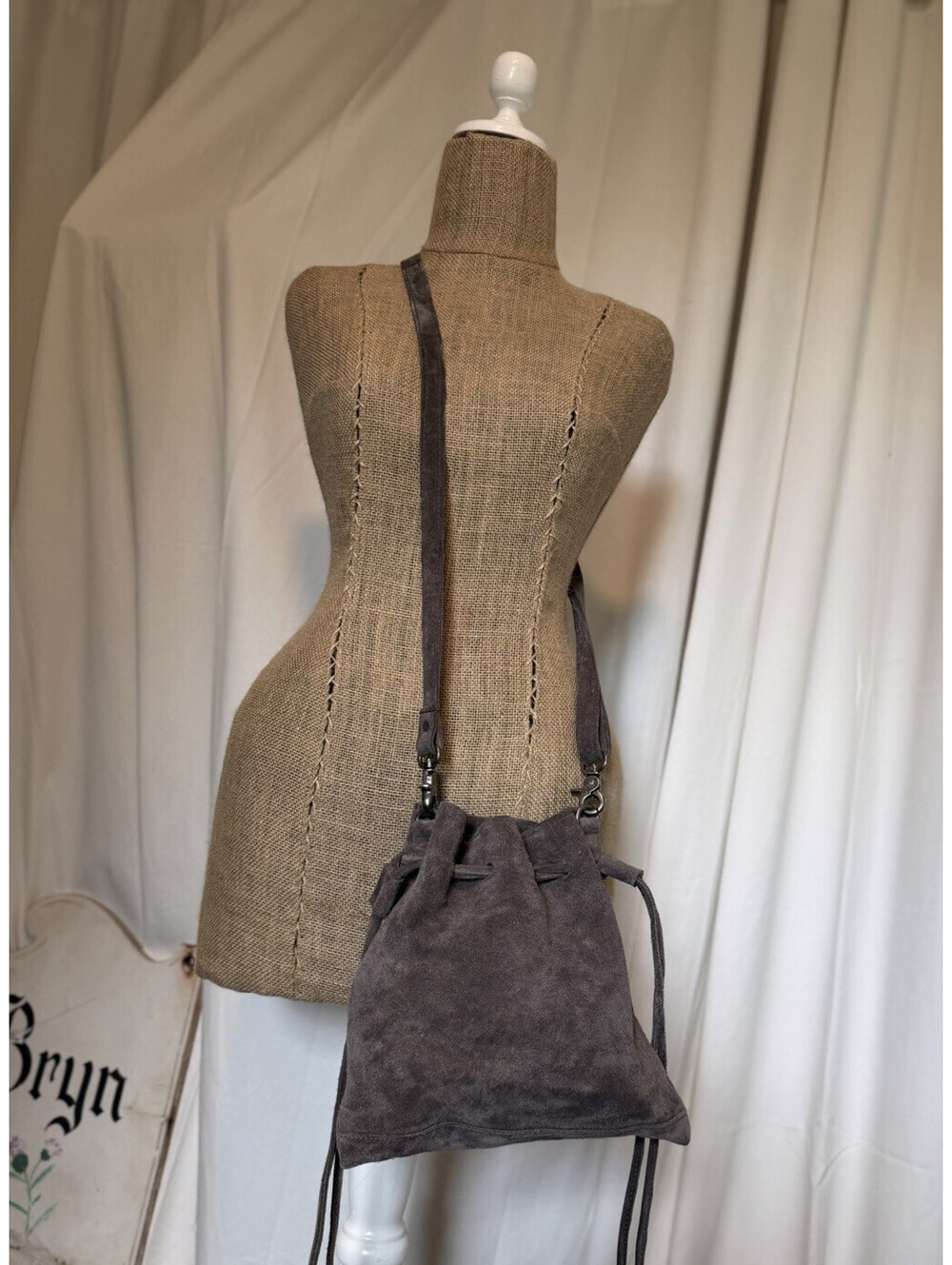 Free People Billie Carbon Suede Crossbody Bucket Bag Adjustable Strap Drawstring